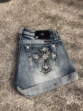 Miss Me Blue Denim Jean Shorts with Embroidered Cross